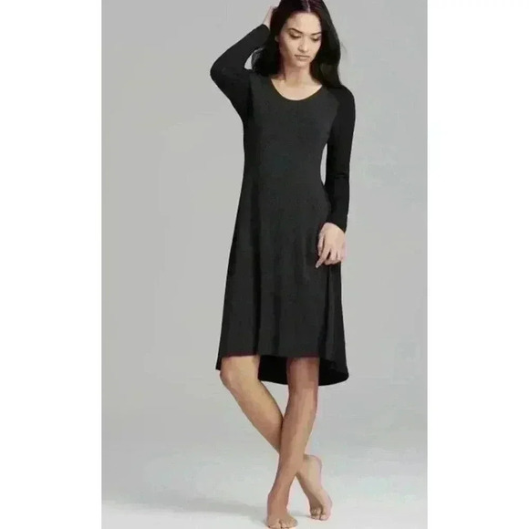 EILEEN FISHER BLACK VISCOSE JERSEY ASYMMETRICAL DRESS S SMALL KNIT MIDI NWOT - Picture 1 of 9